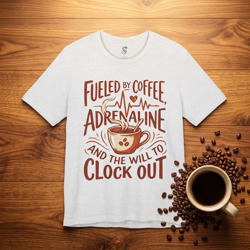 Funny Nurse T-Shirt — Fueled by Coffee Adrenaline and the Will to Clock Out
