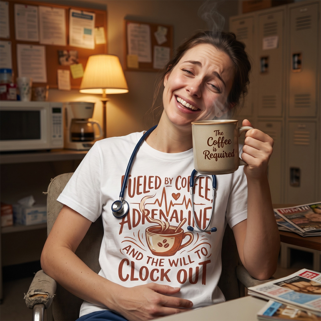 Funny Nurse T-Shirt — Fueled by Coffee Adrenaline and the Will to Clock Out